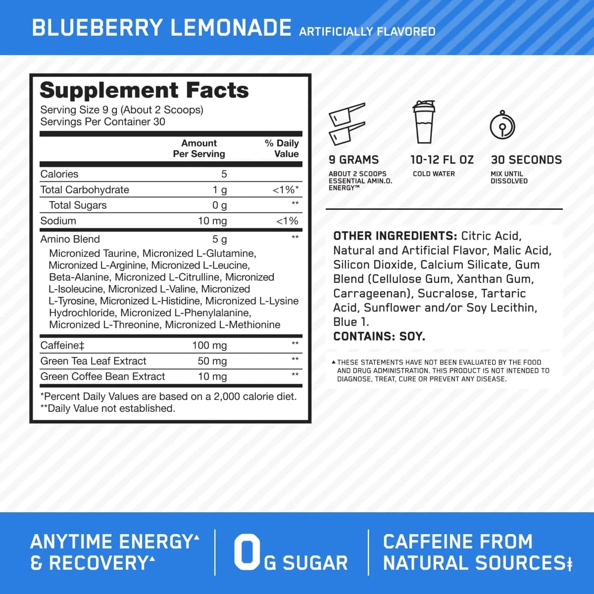 Optimum Nutrition Amino Energy Blueberry Lemonade 9.5oz | USA Imported Energy & Focus Supplement thumbnail 3