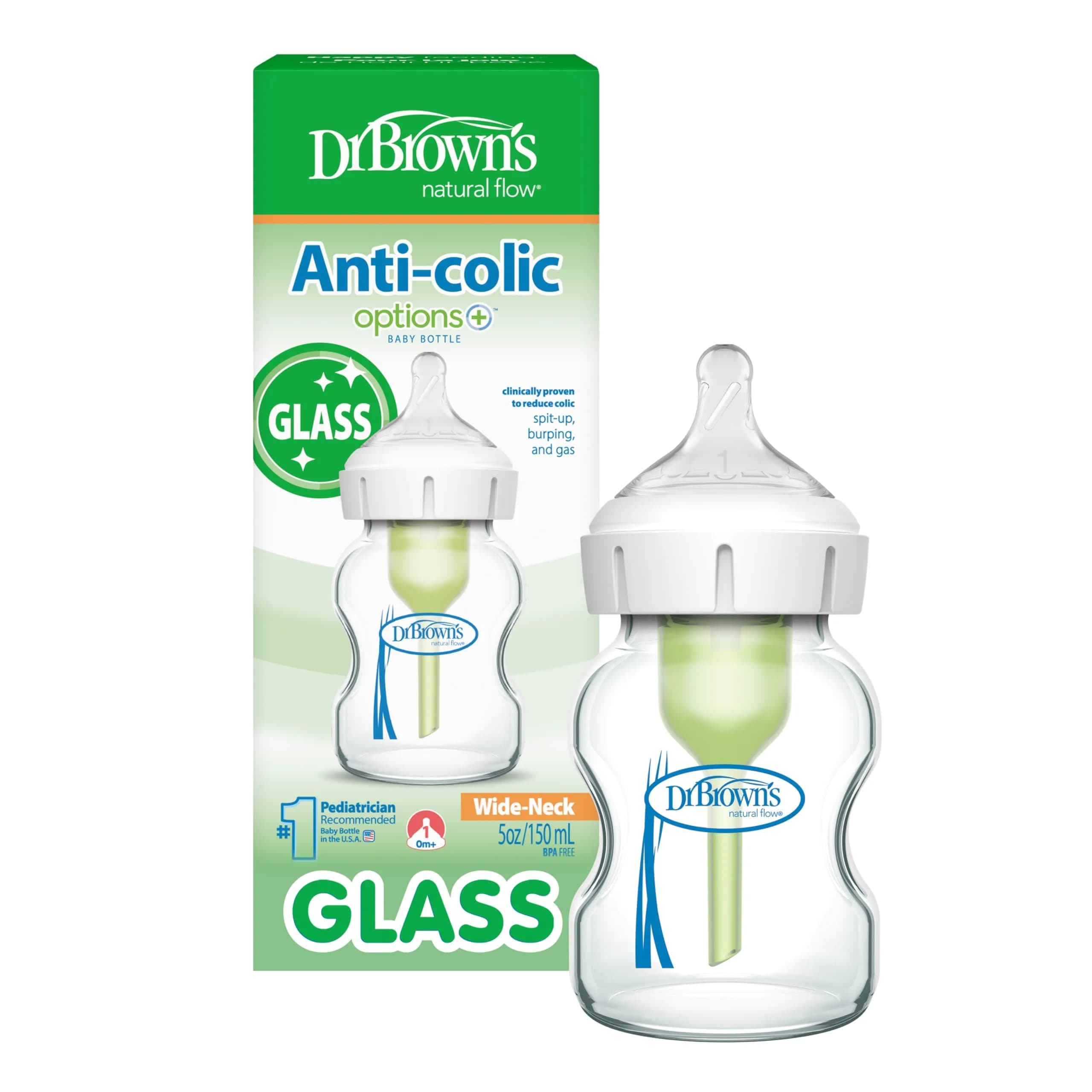 Dr. Brown's Anti-Colic Options+ Wide-Neck Glass Baby Bottle 150ml (5 oz) | Clinically Proven to Reduce Colic