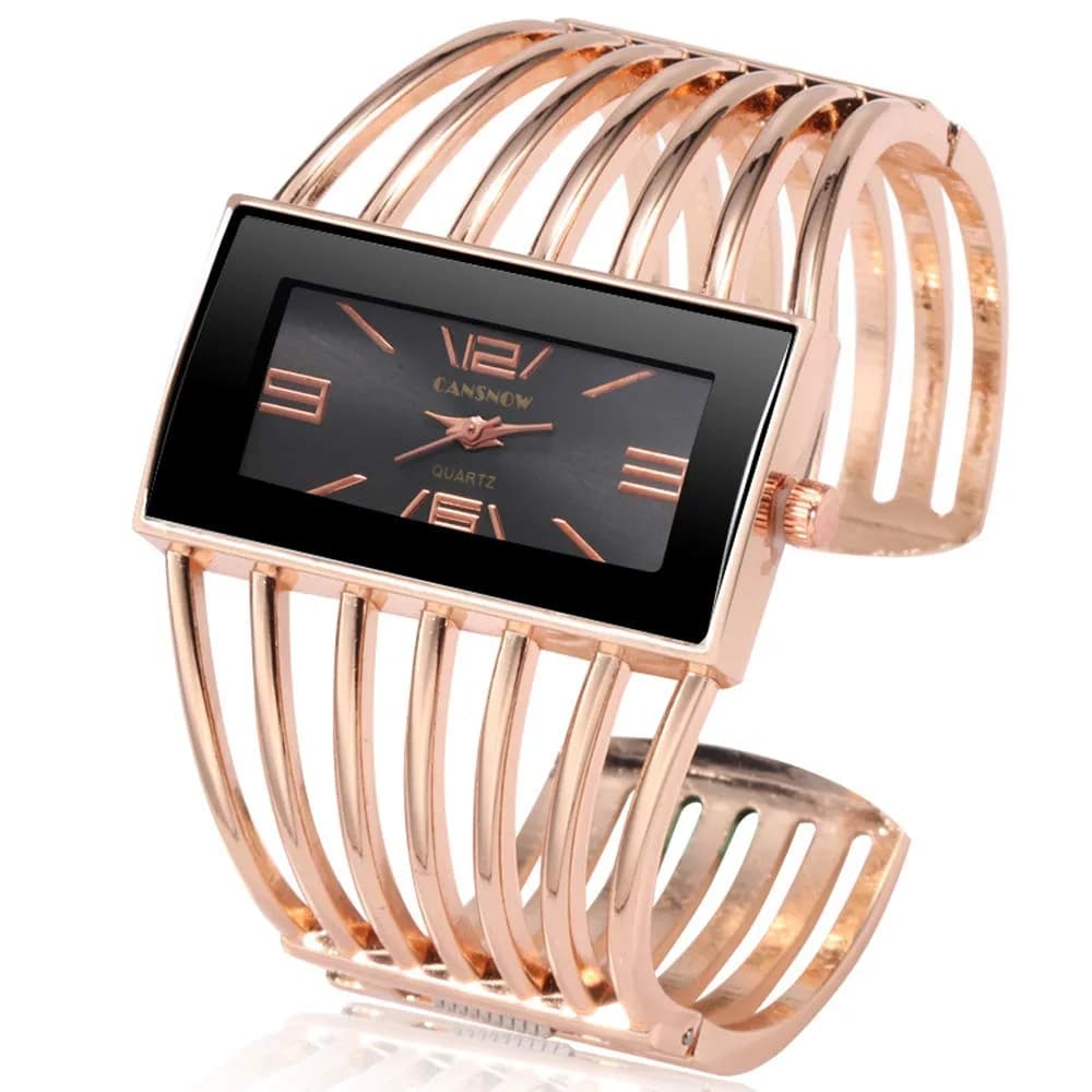 Weicam Women's Quartz Watch Silver Rectangular Dial Hollow Bracelet 38mm Case | Luxury Analog Watch for Ladies — Rose gold
