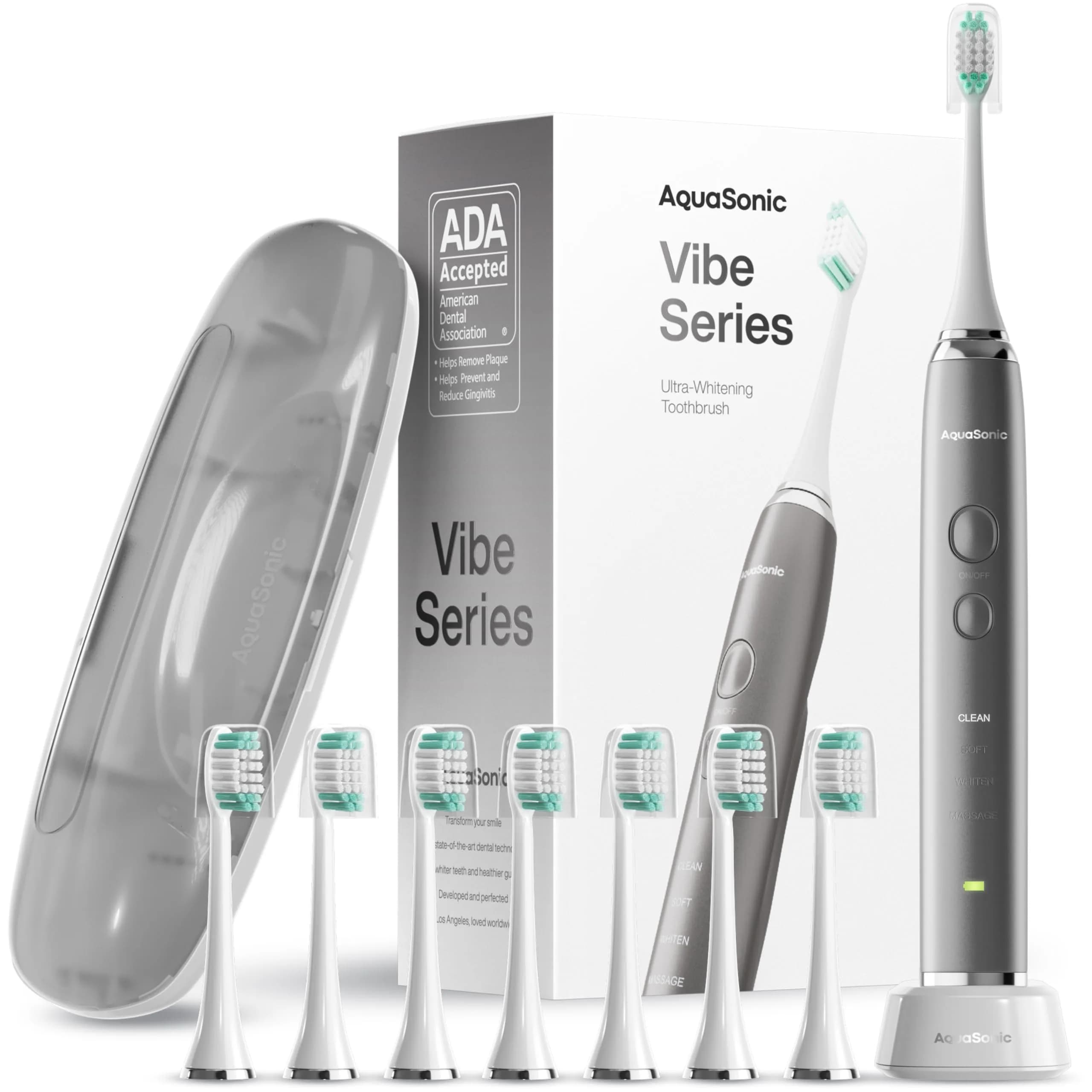 Aquasonic Vibe Series Ultra-Whitening Toothbrush – ADA Accepted Electric Toothbrush 1 Count (Pack of 1) | 40,000 VPM Motor & Wireless Charging — Charcoal Metallic