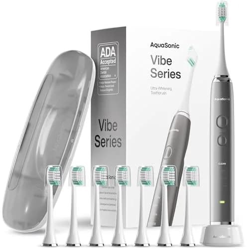 Aquasonic Vibe Series Ultra-Whitening Toothbrush Charcoal Metallic | ADA Accepted Electric Toothbrush with 8 Brush Heads & Wireless Charging thumbnail 1