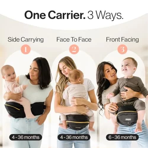 TushBaby Original Hip Seat Baby Carrier for Babies & Toddlers up to 45 lbs | Supportive, No Foam, Lightweight, Storage, Black & Gold thumbnail 4