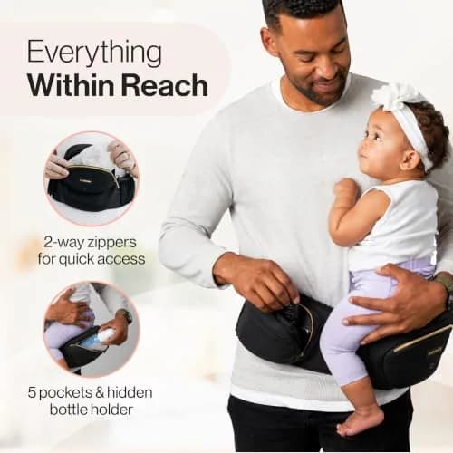 TushBaby Original Hip Seat Baby Carrier for Babies & Toddlers up to 45 lbs | Supportive, No Foam, Lightweight, Storage, Black & Gold thumbnail 6