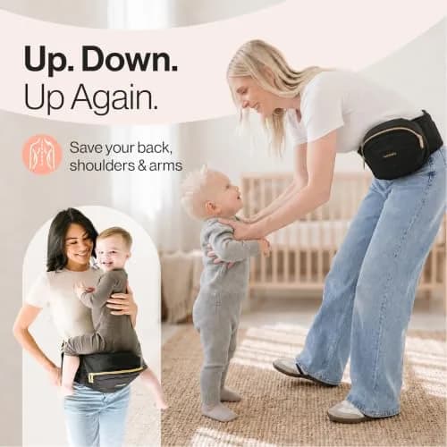 TushBaby Original Hip Seat Baby Carrier for Babies & Toddlers up to 45 lbs | Supportive, No Foam, Lightweight, Storage, Black & Gold thumbnail 2