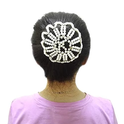 Honbay Hair Bun Cover Elastic Handmade Crochet Hair Net Snood with Pearls and Rhinestones for Ballet, Dance, Skating, etc (White) | Elegant Hair Bun Accessory thumbnail 1