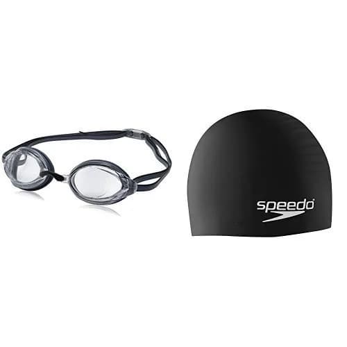 Speedo Unisex-Adult Swim Goggles Vanquisher 2.0 Clear W/ Speedo Black Cap | Precision Fit with Widest Panoramic Lens thumbnail 1