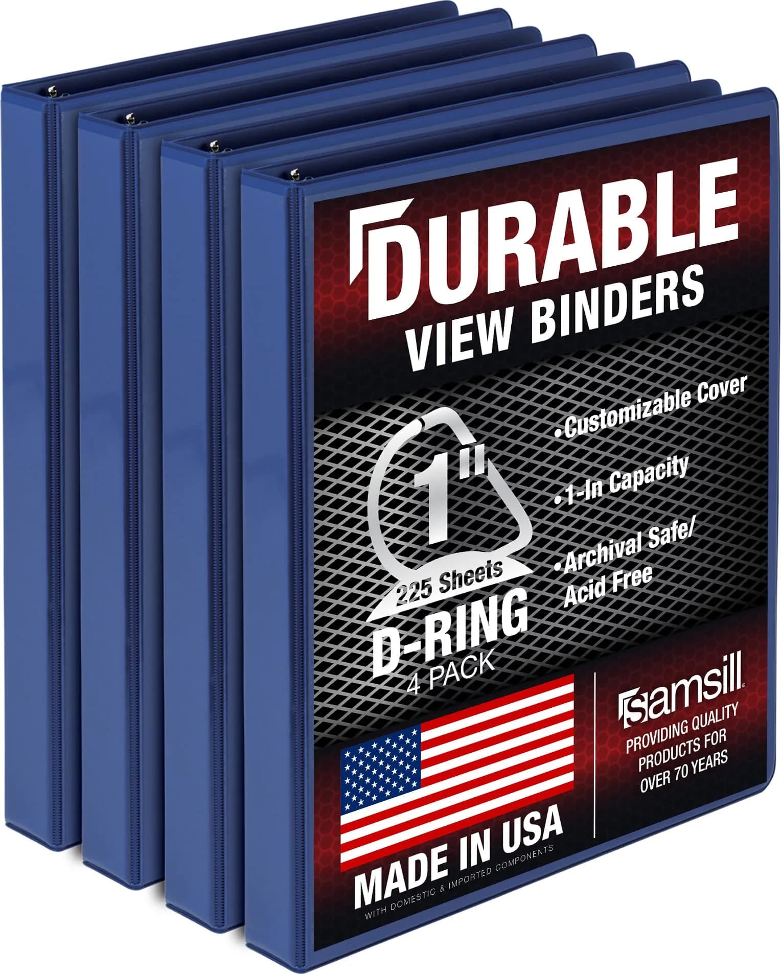 Samsill Durable 1 Inch 3 Ring Binder, Blue, 4 Pack | Heavy-Duty D-Ring Storage for Office & School