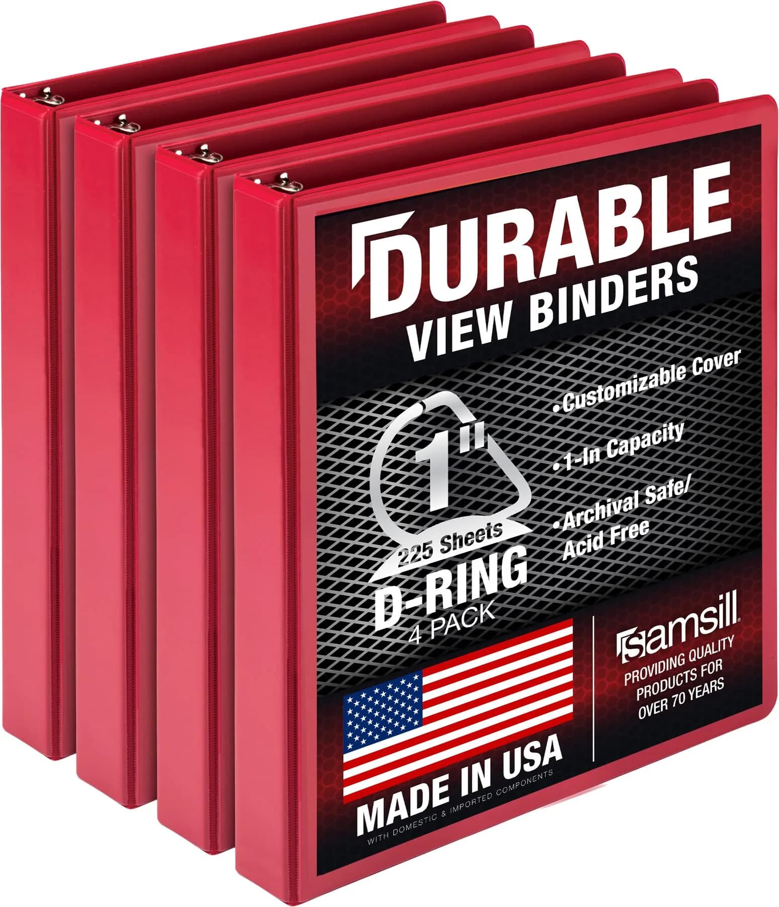 Samsill Red 1 Inch D-Ring Binder (4 Pack) | Holds 225 Pages, Clear View Cover, Recycled Chipboard