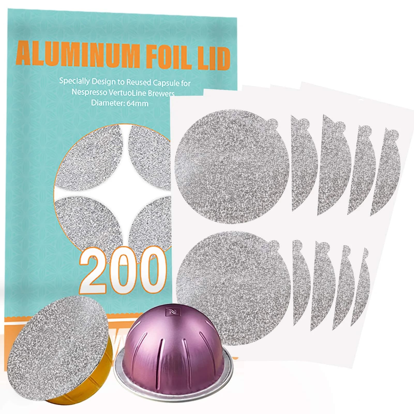 CAPMESSO Aluminum Foil Lids for Nespresso Vertuo Pods, 200 Count | Reusable Coffee Filter for Rich Brews