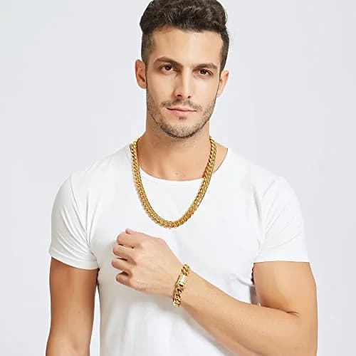 Jxlepe Mens Miami Cuban Link Chain 15mm Stainless Steel Necklace 22in | Gold Plated Hip Hop Chain thumbnail 2