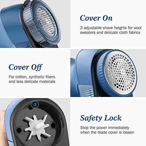 BEAUTURAL Fabric Shaver and Lint Remover, Sweater Defuzzer with 2-Speeds, 2 Replaceable Stainless Steel Blades, Battery Operated, Remove Clothes Fuzz, Lint Balls, Pills, Bobbles (Tufts Blue) thumbnail 5