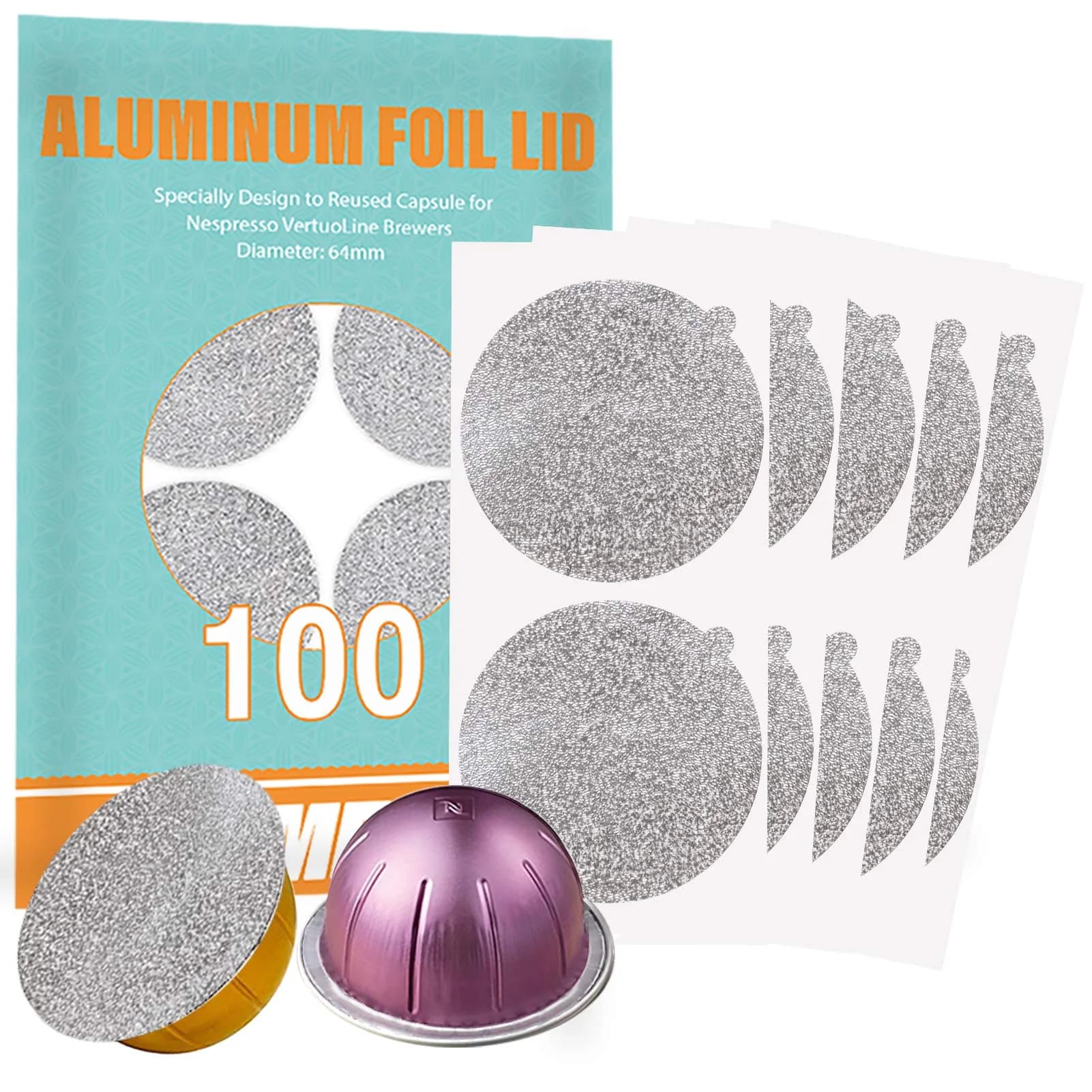 CAPMESSO Aluminum Foil Lids for Nespresso Vertuo Pods (100 Count, 64mm) | Reusable Coffee Filter for Rich Brews - main product image