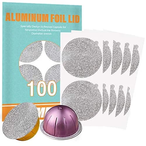 CAPMESSO Aluminum Foil Lids for Nespresso Vertuo Pods (100 Count, 64mm) | Reusable Coffee Filter for Rich Brews thumbnail 1