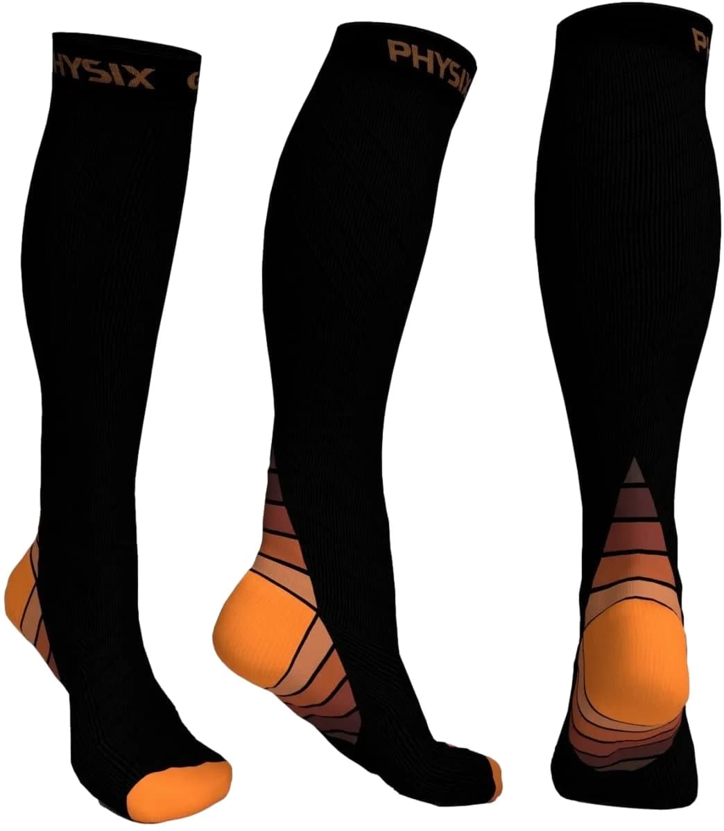 Physix Gear Compression Socks - Best Men & Womens Compression Socks for Circulation, Running, Nurses, Athletic Use Sock Compression, Blood Pressure Socks, Calcetines de Compresion, Black/Orange, XXL | Support & Durability