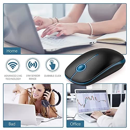 VssoPlor Wireless Mouse, 2.4G Computer Laptop Mouse, Black Sapphire Blue, 11.7 cm (4.7 inch) | Ambidextrous Optical Mouse with USB Receiver thumbnail 6
