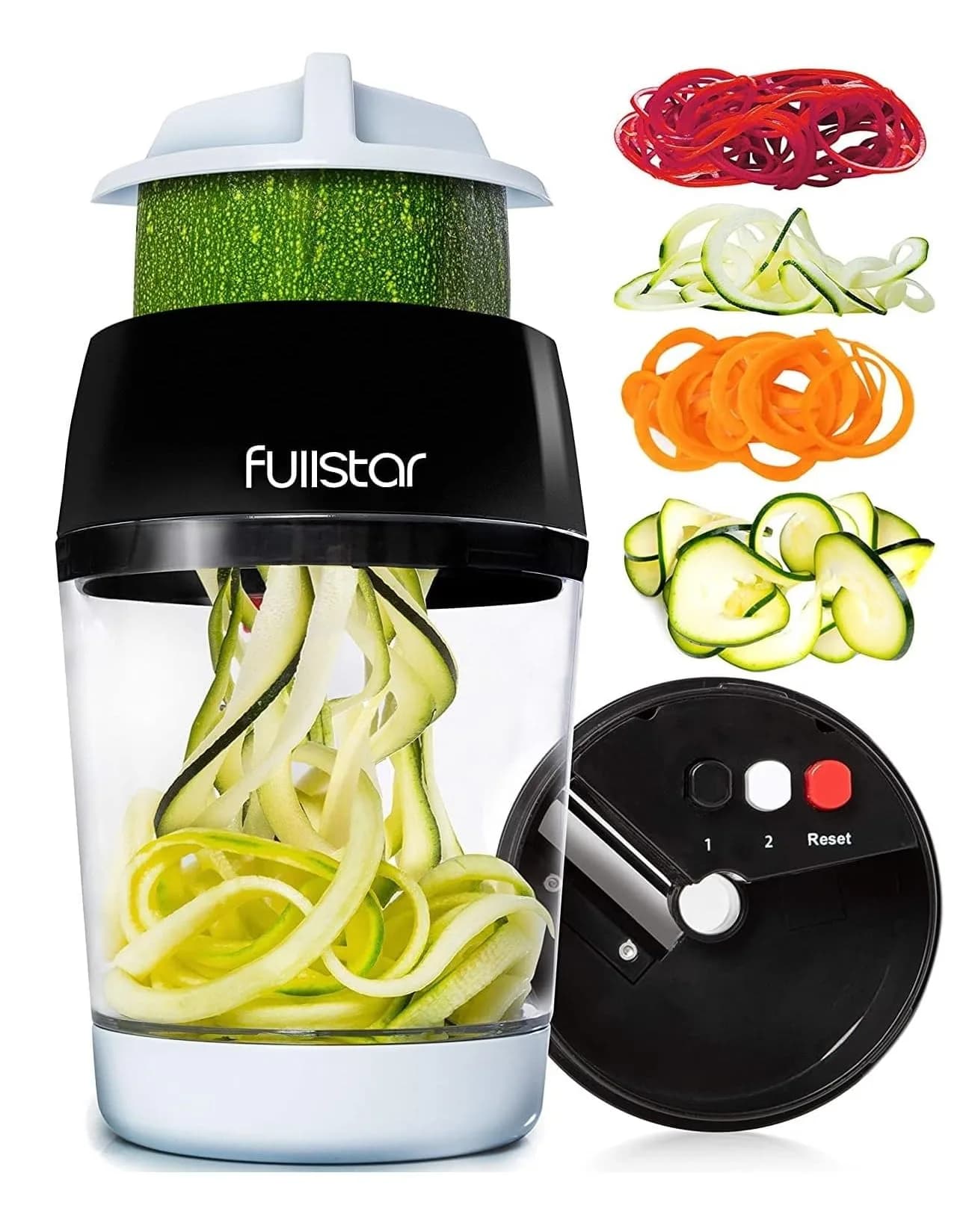 Fullstar 4-in-1 Vegetable Spiralizer & Slicer, Veggie Noodle Maker with Built-in Container & Safety Guard | 10.16 cm (4 in) Height — 4 in 1