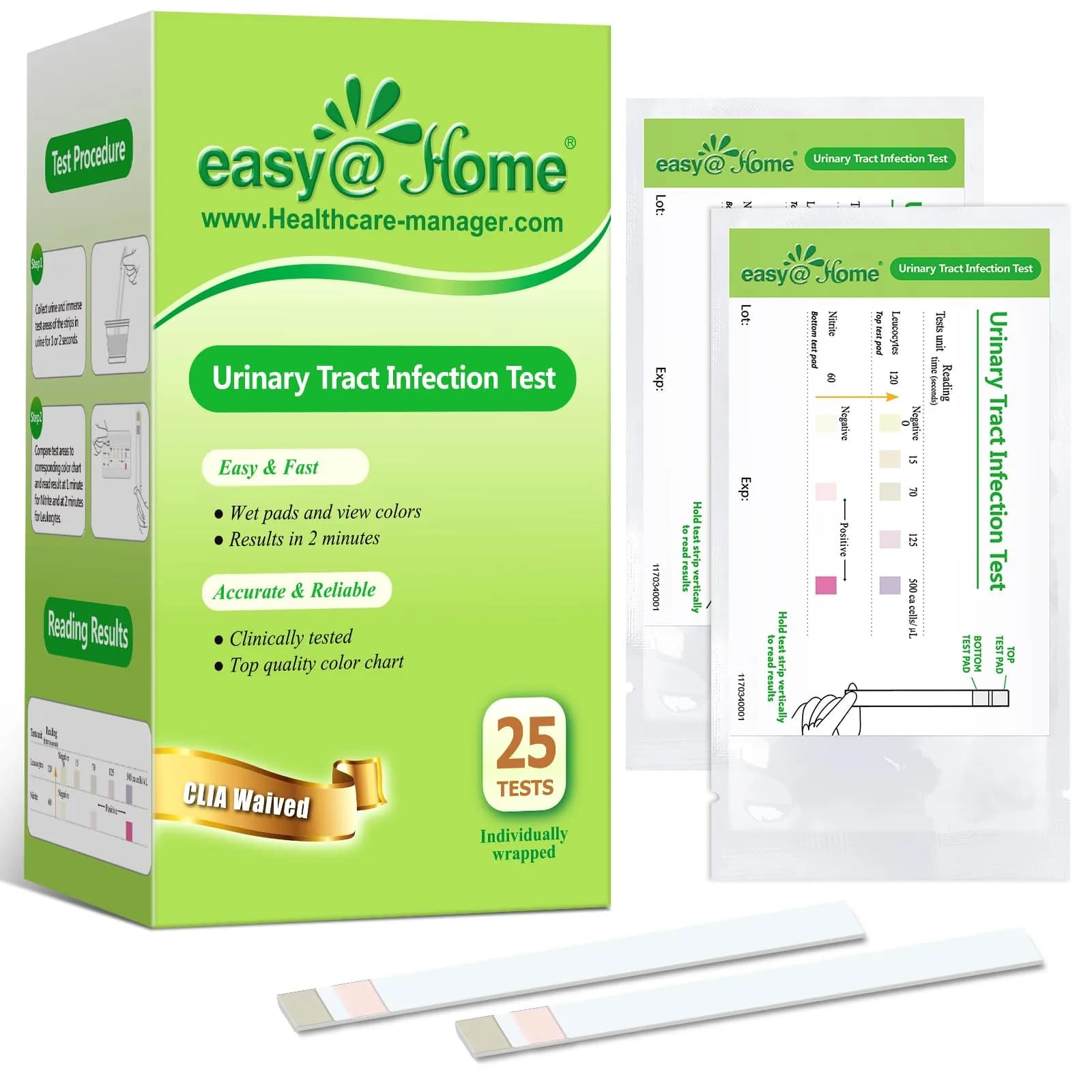 Easy@Home Urinary Tract Infection Test Strips 25 Pack | Detects Leukocytes & Nitrites for Women - main product image