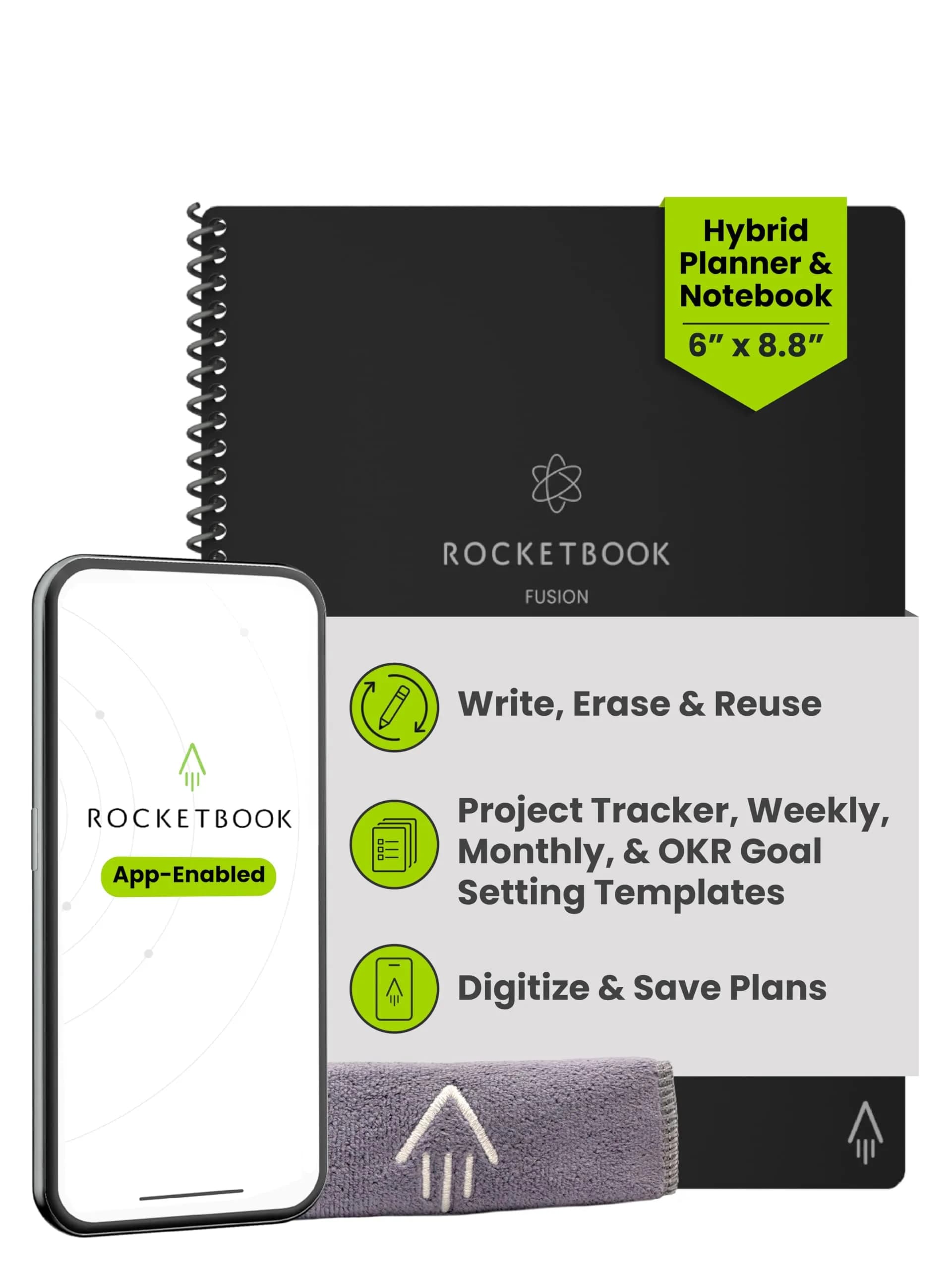 Rocketbook Fusion Reusable Undated Productivity Planner, Executive Size 6x8.8, Navy Blue | Goals, Monthly and Weekly Calendar, Daily To-do List, Lined and Dotted Notes Pages — Black