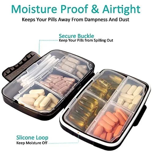 Fullicon Moisture Proof Travel Pill Organizer, 8 Compartments, Blue | Large Capacity, Airtight & Labelable thumbnail 3