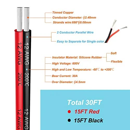 Haerkn 12 AWG Silicone Electrical Wire Cable 2 Cores 7.5 mm (25 ft Black, 25 ft Red) | 600V, 200°C Rated thumbnail 2