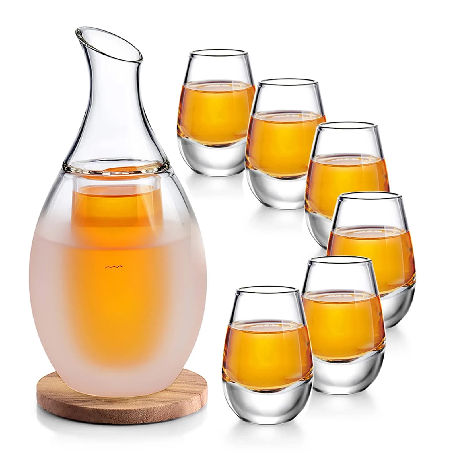 ZENS Sake Set with 6 Sake Cups, 250ml (8.5 Fl Oz) Borosilicate Glass | Modern Water-Drop Design — Sake Set with 6 Cups (1.35 oz)