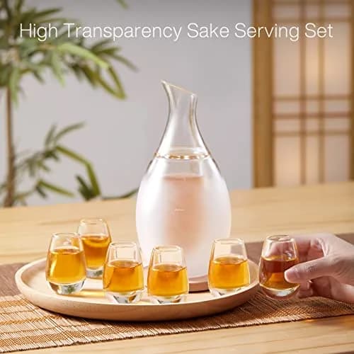 ZENS Sake Set with 6 Sake Cups, 250ml (8.5 Fl Oz) Borosilicate Glass | Modern Water-Drop Design thumbnail 2