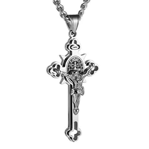 HZMAN Stainless Steel St. Benedict Crucifix Cross Necklace for Men | Durable Religious Pendant thumbnail 1