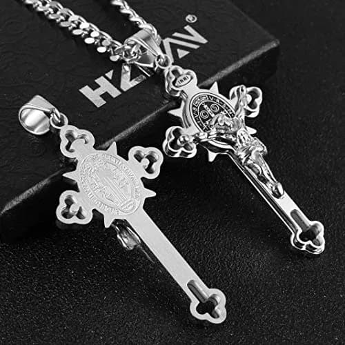 HZMAN Stainless Steel St. Benedict Crucifix Cross Necklace for Men | Durable Religious Pendant thumbnail 4