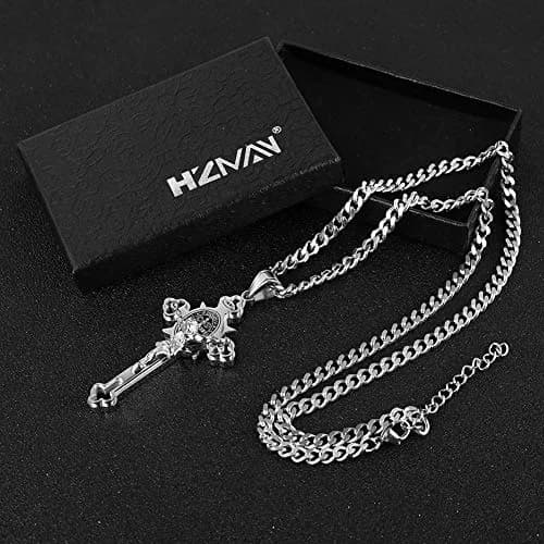 HZMAN Stainless Steel St. Benedict Crucifix Cross Necklace for Men | Durable Religious Pendant thumbnail 5