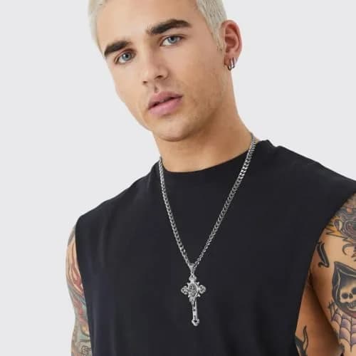 HZMAN Stainless Steel St. Benedict Crucifix Cross Necklace for Men | Durable Religious Pendant thumbnail 3