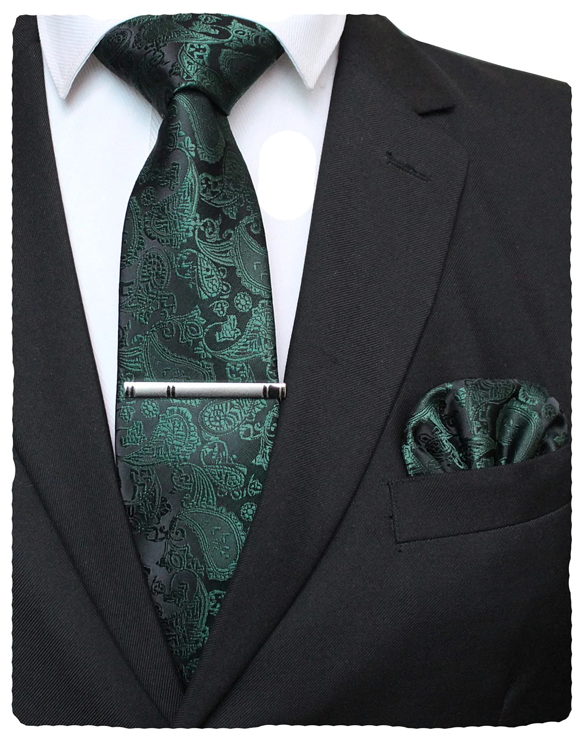 JEMYGINS Dark Green Paisley Tie Wedding Business Silk Necktie & Pocket Square, 150cm | Elegant Paisley Design for Men - main product image