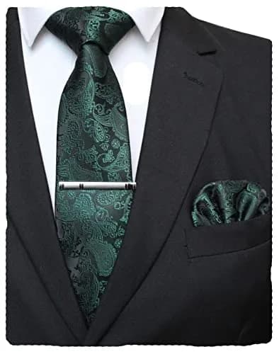 JEMYGINS Dark Green Paisley Tie Wedding Business Silk Necktie & Pocket Square, 150cm | Elegant Paisley Design for Men thumbnail 1