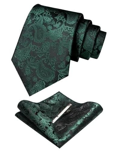 JEMYGINS Dark Green Paisley Tie Wedding Business Silk Necktie & Pocket Square, 150cm | Elegant Paisley Design for Men thumbnail 2