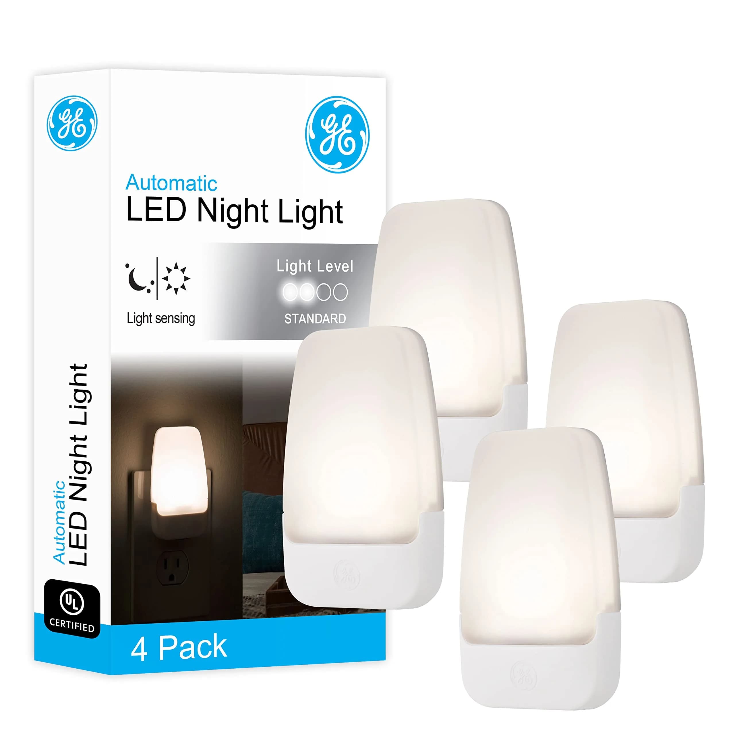 GE Plug-in Night Light with Dusk to Dawn Sensor, 4 Pack | Warm White LED, 0.5W
