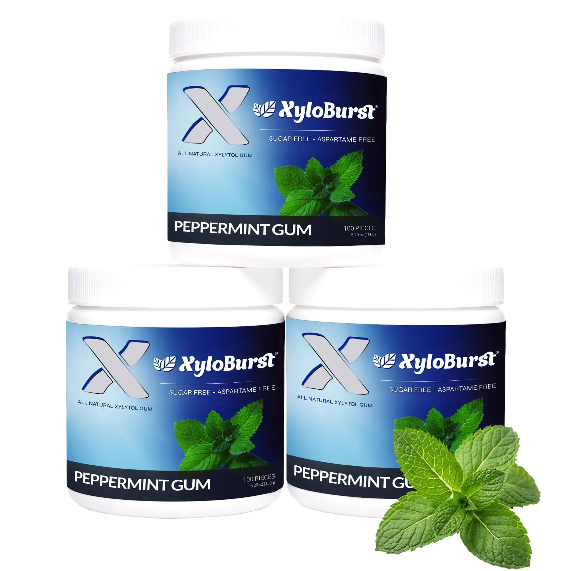 XyloBurst Peppermint Xylitol Chewing Gum 300 Pieces (100 Count Jar, Pack of 3) | Sugar-Free, Gluten-Free, Keto Friendly - main product image