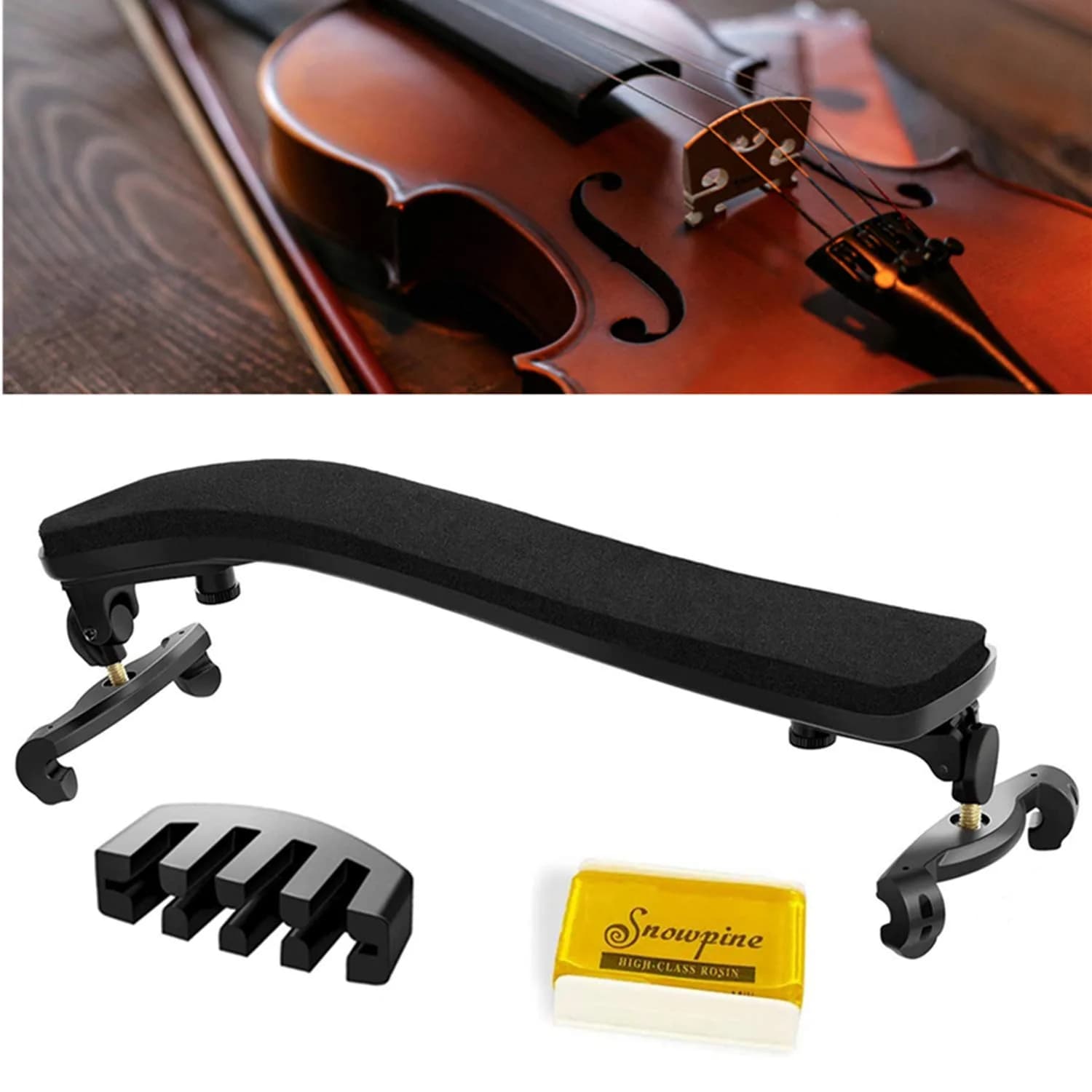 SUEWIO Violin Shoulder Rest for 4/4-3/4 Size with Collapsible Feet, Includes Practice Mute & Rosin | Adjustable Height & Width - main product image