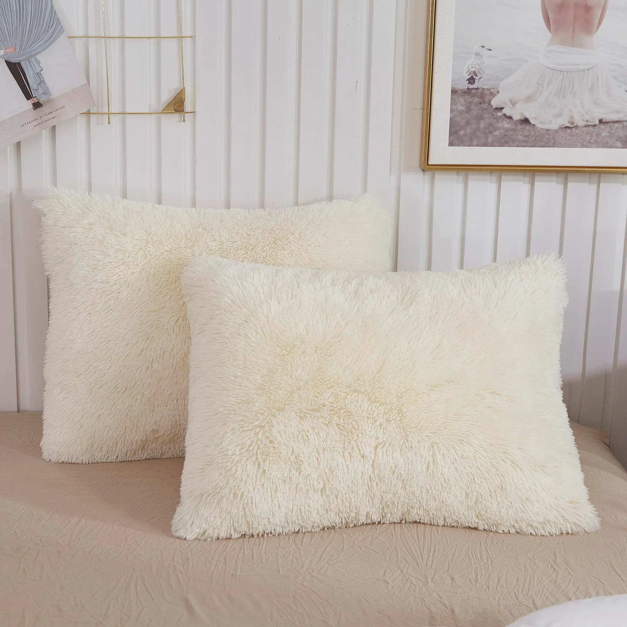 XeGe Fluffy Faux Fur Pillowcases, Set of 2 King 51x91cm (20x36in), Dark Gray | Soft Plush Shaggy Decorative Pillow Covers for Bed Couch — Light Beige / 26" x 20"