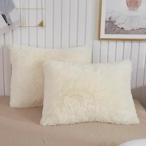 XeGe Fluffy Faux Fur Bed Pillow Cases, Set of 2, Standard, 20x26, Beige | Ultra Soft Plush Microfiber thumbnail 1