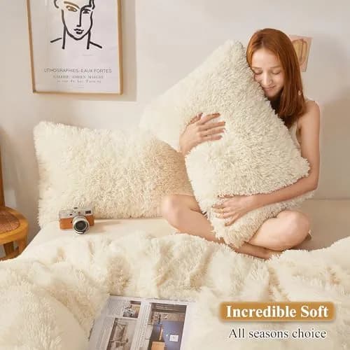XeGe Fluffy Faux Fur Bed Pillow Cases, Set of 2, Standard, 20x26, Beige | Ultra Soft Plush Microfiber thumbnail 5