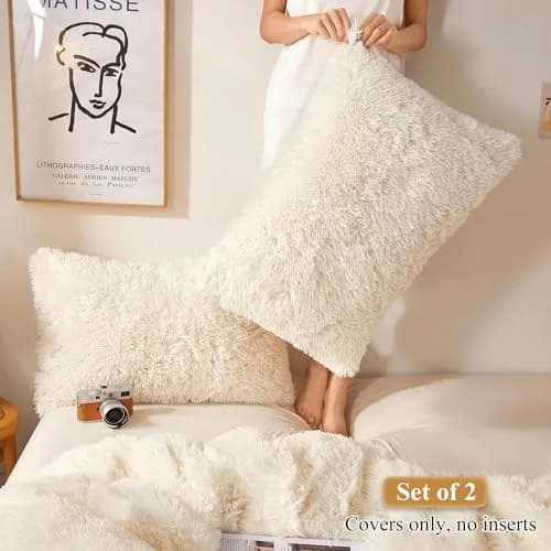 XeGe Fluffy Faux Fur Bed Pillow Cases, Set of 2, Standard, 20x26, Beige | Ultra Soft Plush Microfiber thumbnail 2