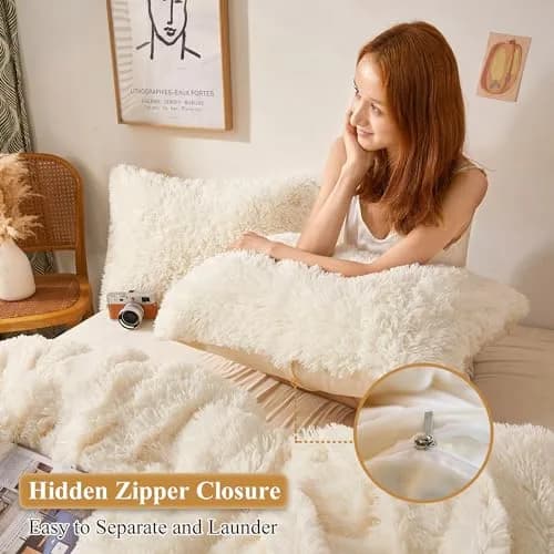 XeGe Fluffy Faux Fur Bed Pillow Cases, Set of 2, Standard, 20x26, Beige | Ultra Soft Plush Microfiber thumbnail 3