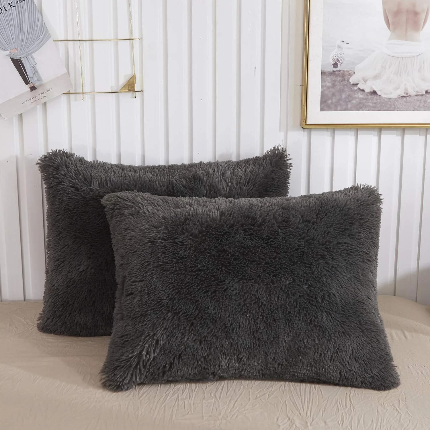 XeGe Fluffy Faux Fur Pillowcases, Set of 2 King 51x91cm (20x36in), Dark Gray | Soft Plush Shaggy Decorative Pillow Covers for Bed Couch - main product image
