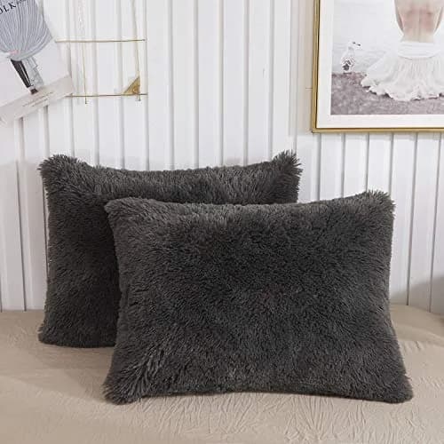 XeGe Fluffy Faux Fur Bed Pillow Cases, Set of 2, Standard 51x66cm (20x26 inches), Dark Gray | Plush Shaggy Decorative Pillow Covers for Bedroom Comfort thumbnail 1