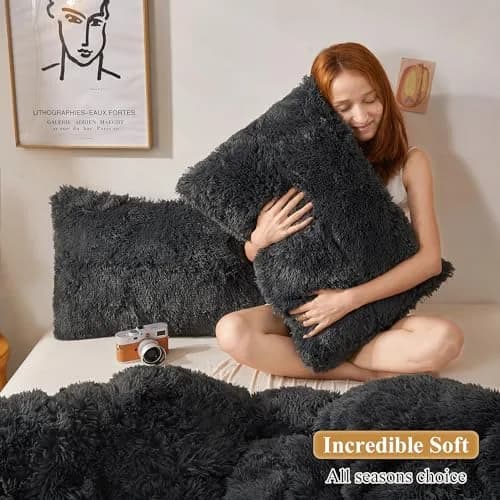 XeGe Fluffy Faux Fur Bed Pillow Cases, Set of 2, Standard 51x66cm (20x26 inches), Dark Gray | Plush Shaggy Decorative Pillow Covers for Bedroom Comfort thumbnail 5
