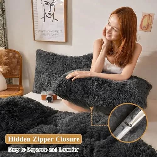 XeGe Fluffy Faux Fur Bed Pillow Cases, Set of 2, Standard 51x66cm (20x26 inches), Dark Gray | Plush Shaggy Decorative Pillow Covers for Bedroom Comfort thumbnail 3