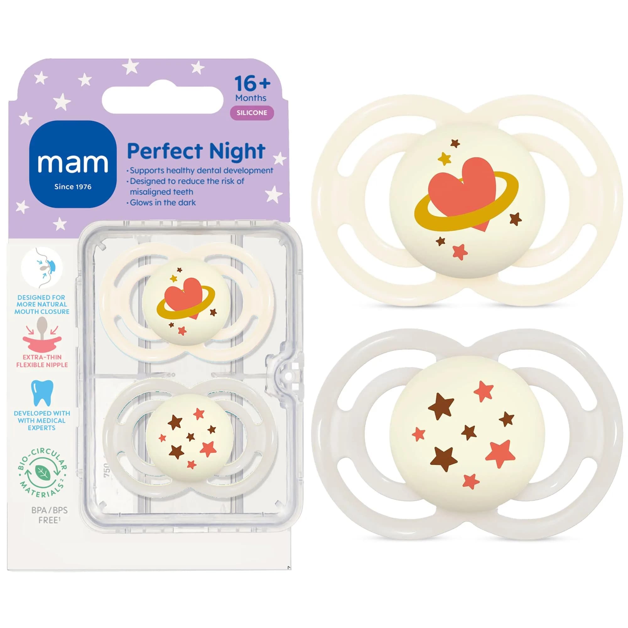 MAM Perfect Baby Premium Pacifier 16+ Months, Extra Thin Nipple, 2 Count | Developed with Orthodontists & Pediatric Dentists — Shell/Cotton