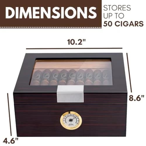 Mantello Cigars Premium Cigar Humidor for 25-50 Cigars - Walnut-Analog Glass Top Cedar Lined Box | Holds 25-50 Cigars thumbnail 5
