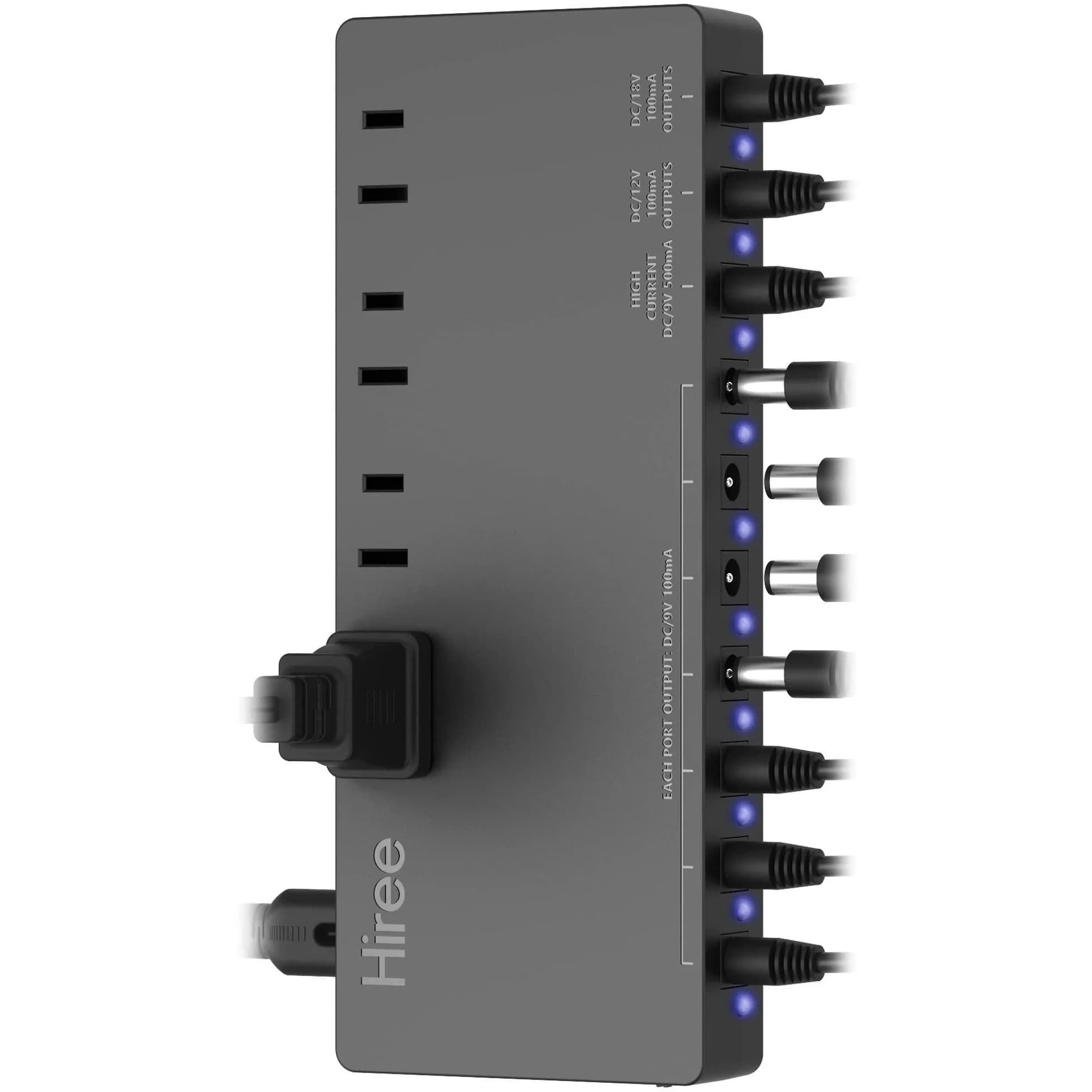 Hiree Guitar Pedal Power Supply 7 DC 9V Isolated Outputs & 2 AC Outlets | 156g (5.5oz) Compact Unit for Effect Pedal Boards — 9V/12V/18V
