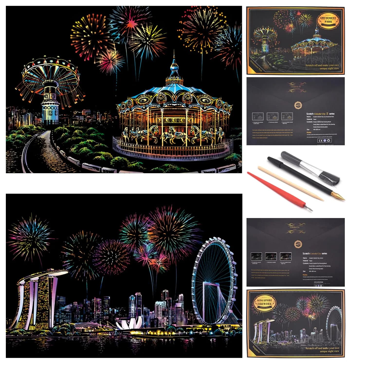 BOTEEN Scratch Rainbow Painting Art Paper Amusement Park 40.5cm x 28.5cm (16''x11'') | Creative DIY Gifts & Arts Craft Kits — Amusement Park