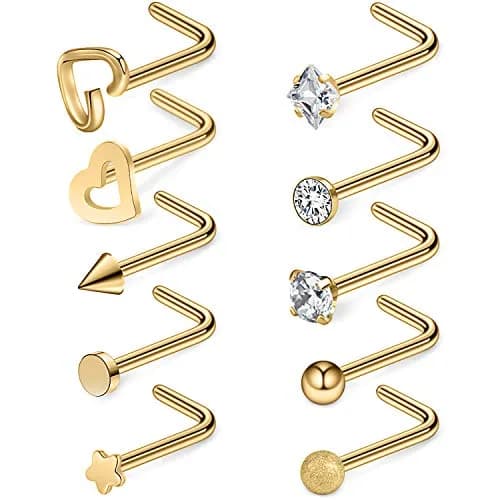 Ruifan Nose Piercing Jewelry 10PCS 20G Surgical Steel | Flat Ball, Heart, Star CZ Nose Studs (0.8mm, 6.5mm Pin) thumbnail 1